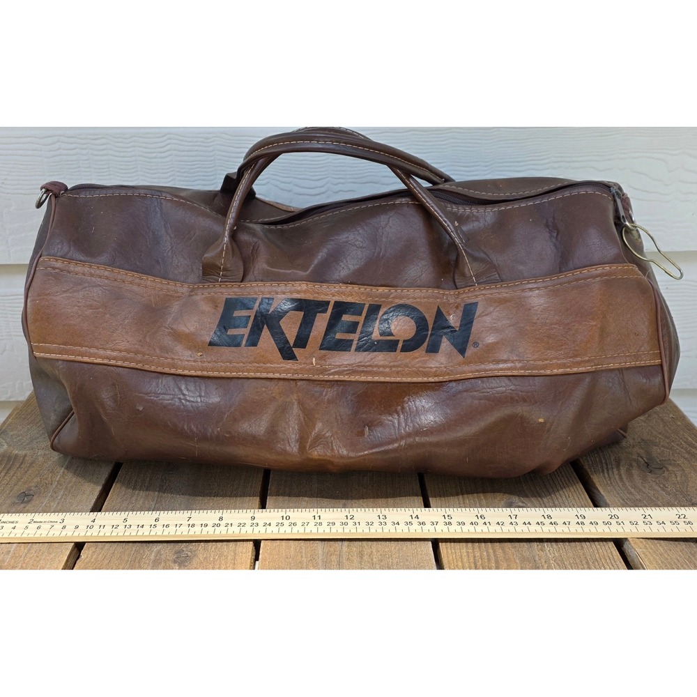 Vintage Ektelon Racquetball Duffel Bag Brown FauxLeather Gym Travel Luggage 22in